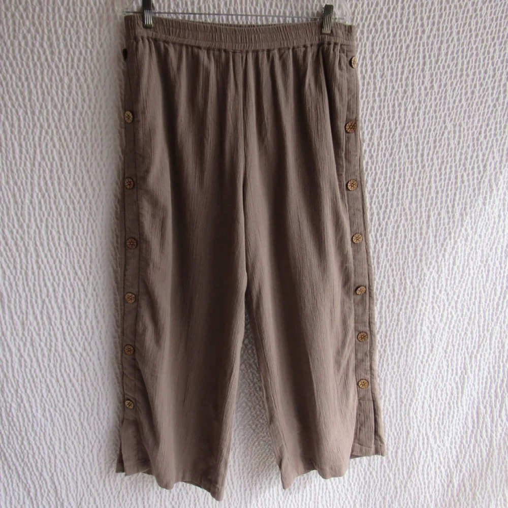 Brown Gauze Fully Lined Pants L 100 Cotton Elastic Buttons Pull on North Style - Picture 1 of 8